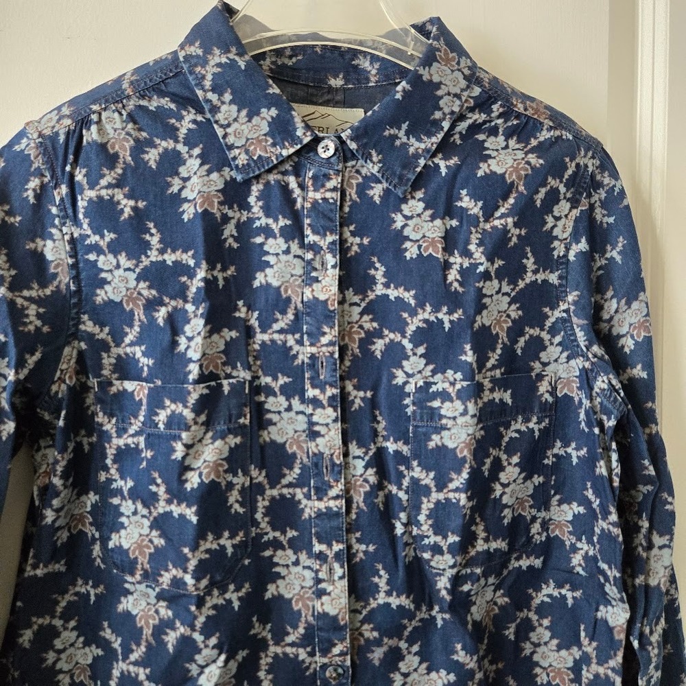 Overland Womens Floral Button Down Shirt Tencel Cotton Midnight Blue‎ Casual M - Picture 3 of 6
